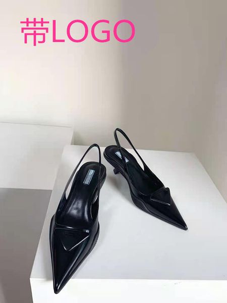

sandals slippers p family's three corner label pointed cat heel back empty baotou sandals 2021 summer new high heel women's shoes, Black