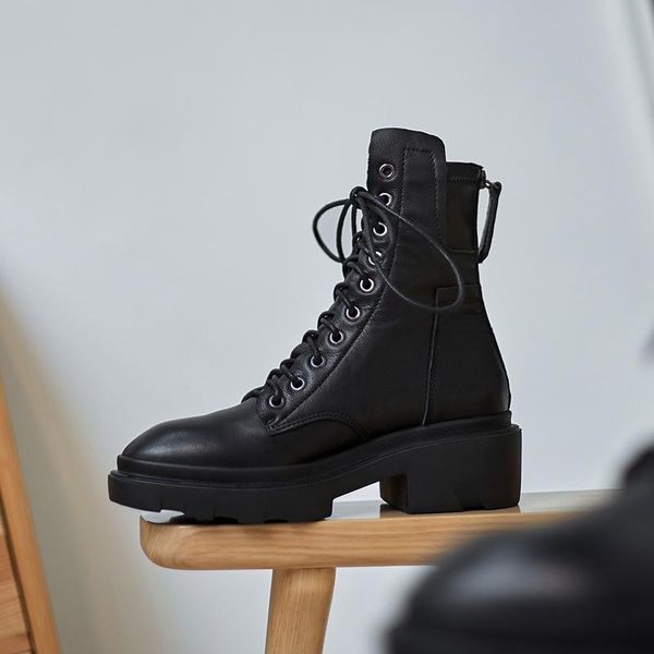 

boots 2021 spring women ankle cowhide upper shoes black fashion thick sole leather