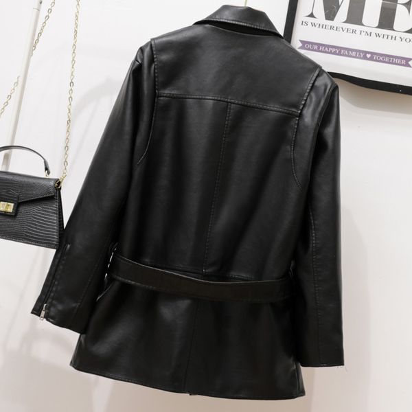 

autumn winter female turn-down collar long-sleeved suit loose minimalist pu leather lace up black coat 8q268, Black;brown