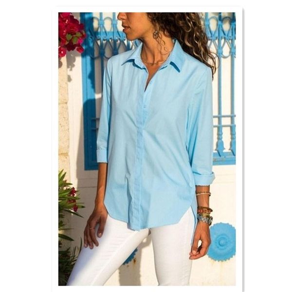 

2021 autumn and winter solid color shirt v-neck long-sleeved irregular button slit large size women's shirt all-match, White