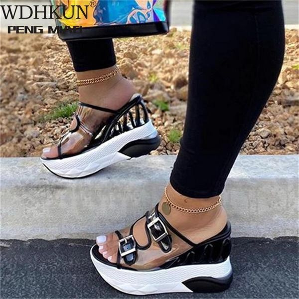 

sandals 2021 summer woman female wedge belt buckle transparent high heel large size shoes platform waterprooof fashion slipper, Black