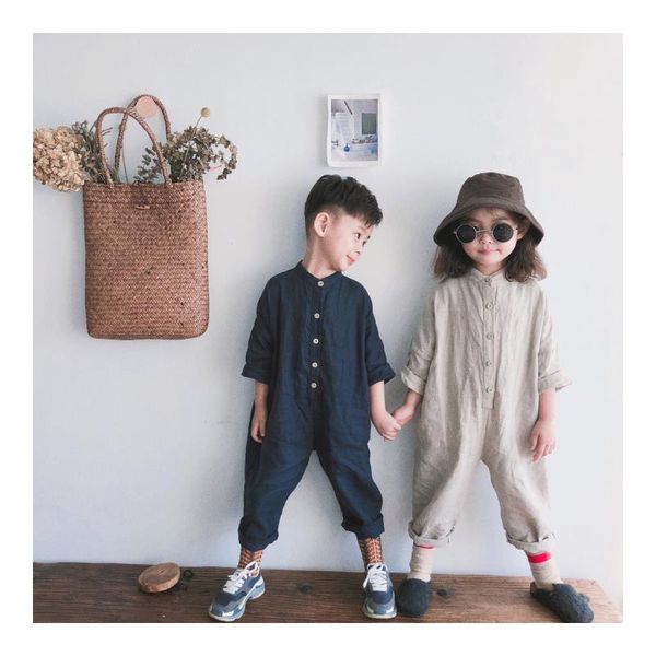 

jumpsuits spring autumn 2021 boys girls solid color linen long sleeve korean style children soft loose bodysuits, Blue