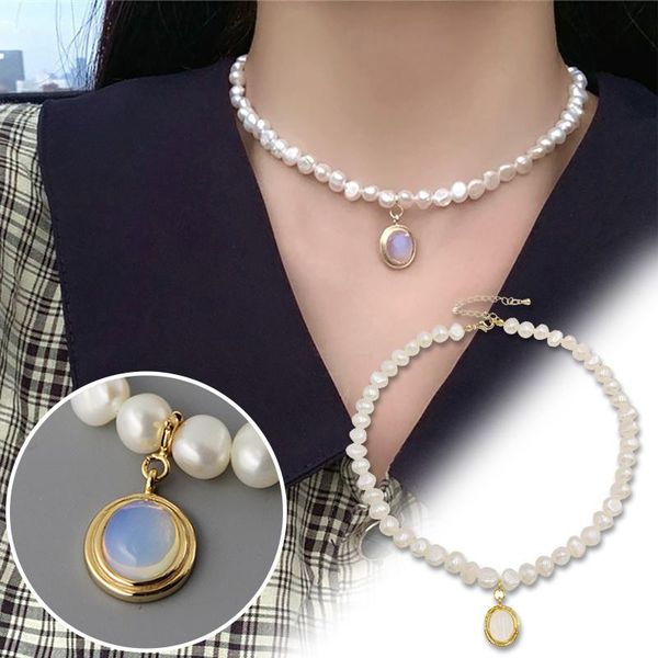 

pendant necklaces women elegant baroque pearl & moon-stone necklace temperament clavicle choker natural short jewelry birthday gift, Silver