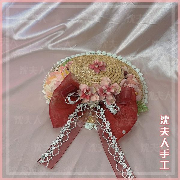 

party masks french pastoral style mori girl handmade lovely bowknot flower princess knit straw hat lolita all- gorgeous flat top