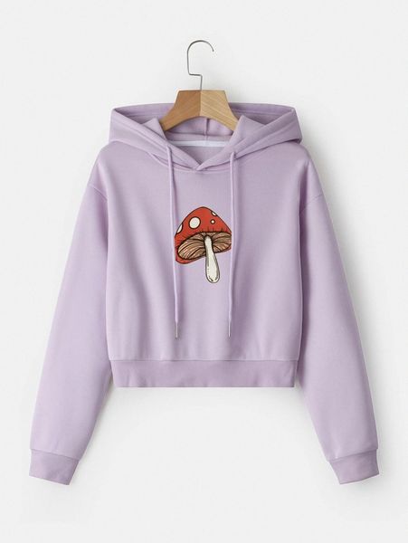 

mushroom print drop shoulder drawstring thermal crop hoodie 18qe#, White;black