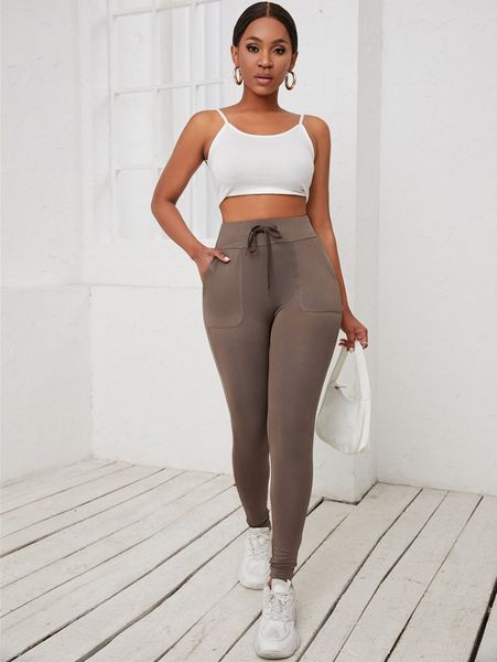 

sxy slant pocket stitching drawstring waist leggings m0vz#, Black