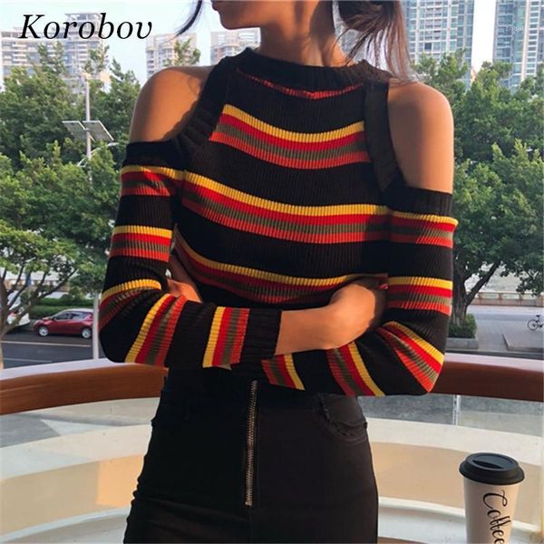 

women's sweaters korobov 2021 fashion pullovers auttum korean vintage chic sweater striped patchwork off shoulder knitwear 75918, White;black
