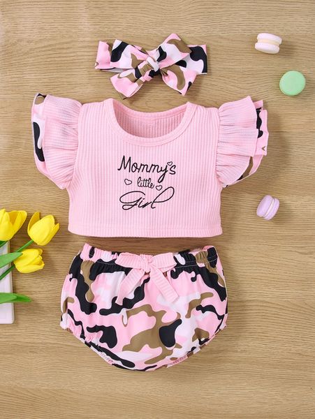 

baby letter graphic ruffle trim tee & camo print shorts with headband she, White