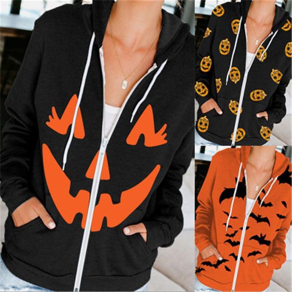 

womens halloween hoodies fashion trend long sleeve cardigan pumpkin pattern hooded sweater designer female autumn new zipper pocket hoodies, Black