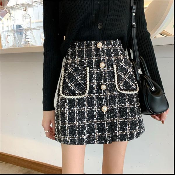 

fashion tweed plaid short womens skirts a line mini black knitted korean skirt school female high waist kilt
