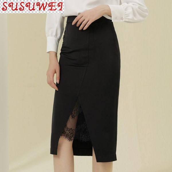 

skirts 2021 spring and autumn women's high-quality bag hip skirt solid color high waist fashion split lace black office