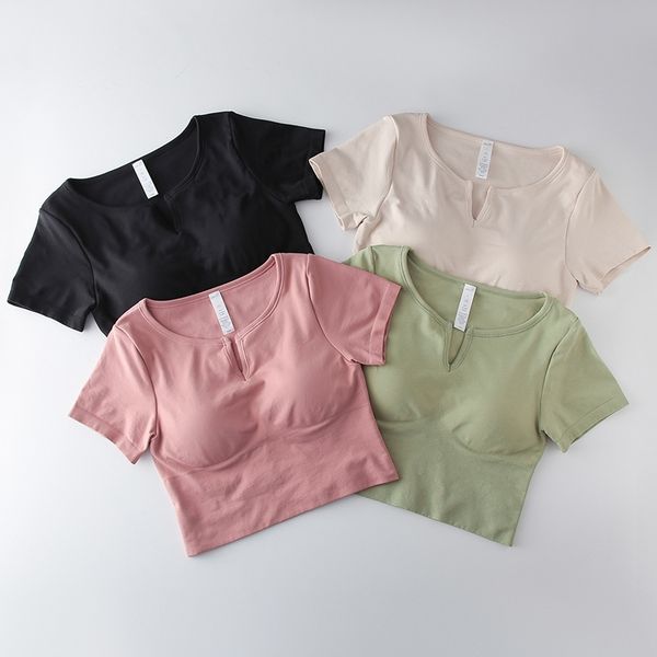 

lulu yoga suit with chest cushion sports sleeve women's shockproof fast dry running short fitness t-shirt summer, White