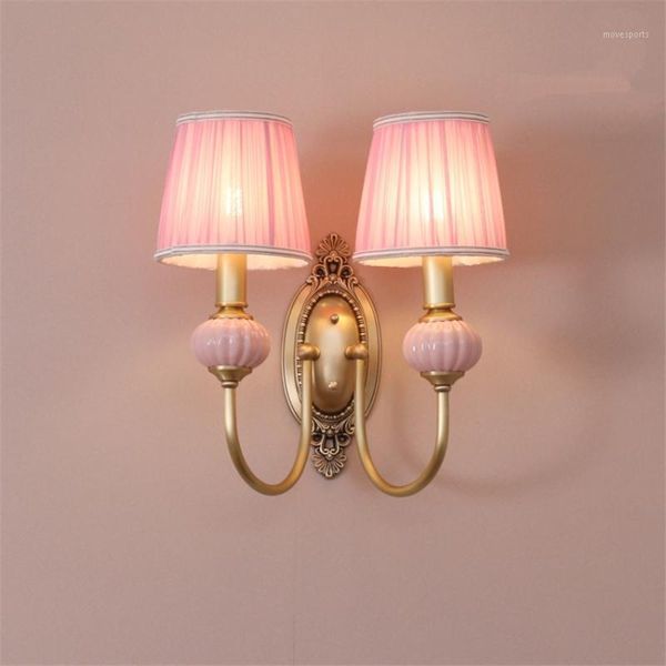 

wall lamp american pink fabric lamps princess bedroom bedside children european sconce light living room study corridor fixtures1