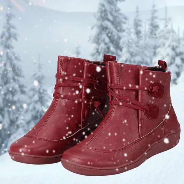 

boots women red color vintage leather flat waterproof shoes winter plus velvet round toe solid women's casual ankle 39/40, Black