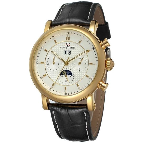 

wristwatches forsining white golden three small dial mens watches automatic self-wind genuine leather multi-functional cloc, Slivery;brown