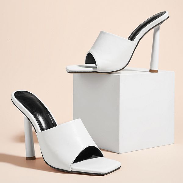 

2021 elegant new summer women slippers slides square toe high heels shoes sandal party pumps green white wwc6, Black