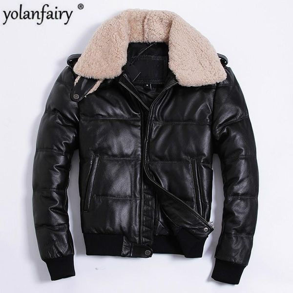 

men's leather & faux genuine jacket men real cow mens natural lamb fur collar duck down coat jaqueta de couro ha-805 yy757, Black