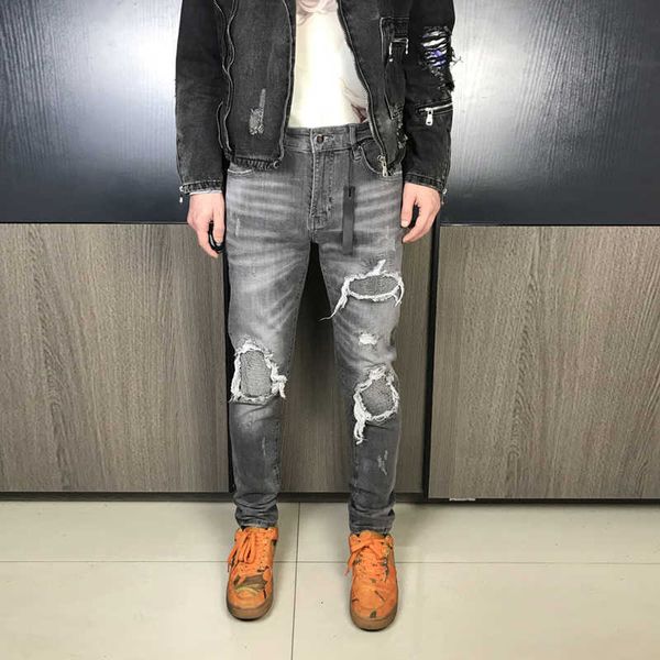 

american streetwear fashion men jeans elastic slim fit gray ripped denim punk pants patchwork hip hop trousers male, Blue
