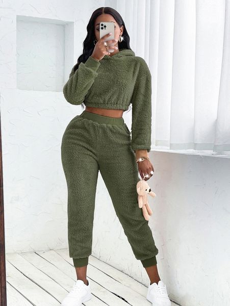 

drop shoulder crop flannel hoodie & pants h4ki#, White
