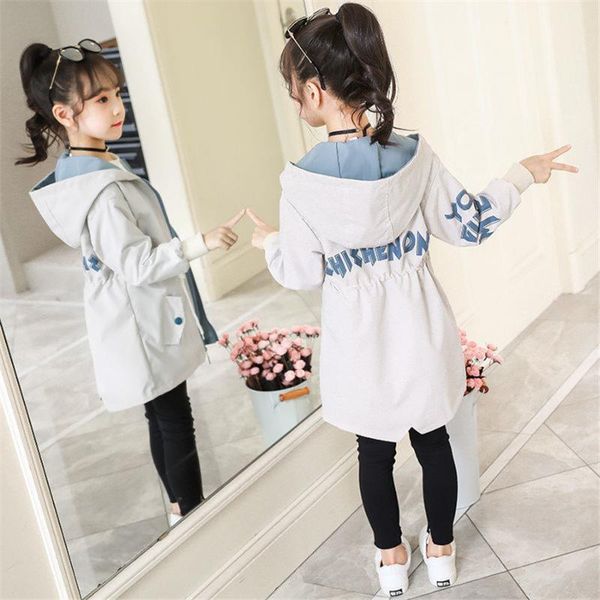 

coat children autumn trench coats girls long outerwear teenage windbreaker 2021 spring fall kids clothes fashion hooded jackets, Blue;gray