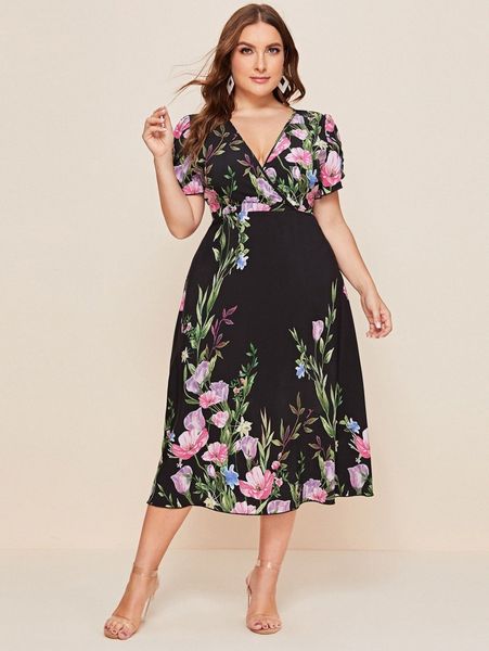 

plus plunging neck petal sleeve floral dress b0tb#, Black