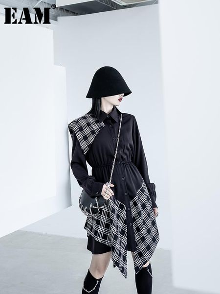 

casual dresses [eam] women black plaid spliced irregular shirt dress lapel long sleeve loose fit fashion tide spring autumn 2021 1de2582, Black;gray