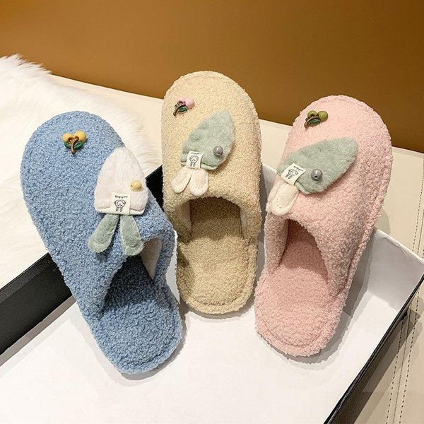 

slippers 2021 winter fur plush shallow sweet women home cotton shoes warm boots slides designer fashion flats flip flops, Black