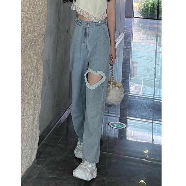 

women's jeans summer korean version of harajuku lace stitching love hole streetwear wide-leg pants high-waist trousers, Blue