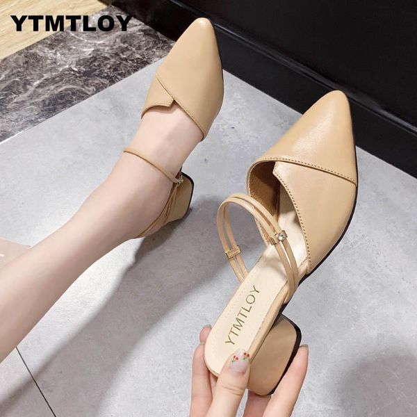 

dress shoes party chic women mules slipper pointed toe block strap closed shallow high heels sandals 2021 black beige korean pumps