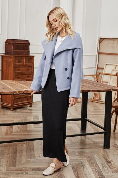 

niche navy collar short trench coat commuter full single-breasted fashion jacket slim tweed large lapel temperament women women's wool, Black