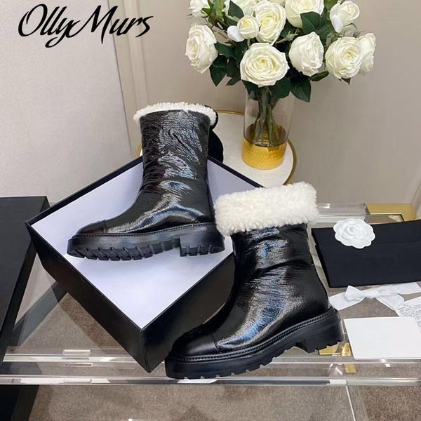 

boots ollymurs winter women metallic leather ankle snow warm thick plush female wedge suede, Black