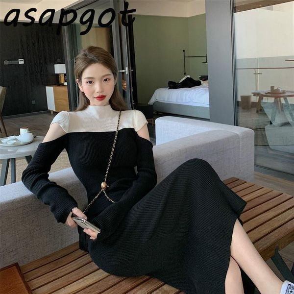 

slim a line half turtleneck knitted dress long autumn long sleeve hollow out sweater dress casual temperament retro chic, Black;gray