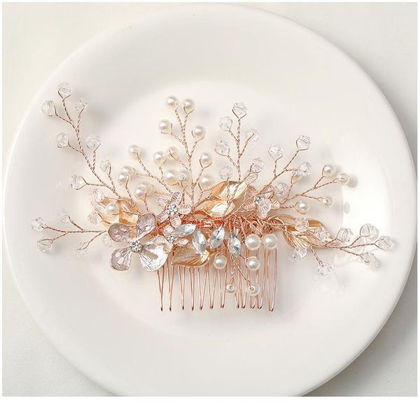 

fashion wedding rose gold comb headdress pearl rhinestone hair accessories bride handmade tiara ladies prom qylhkq