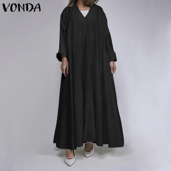 

casual long sleeve autumn dress v neck solid maxi dresses vonda plus size loose kaftan robe women bohemian vestidos, Black;gray