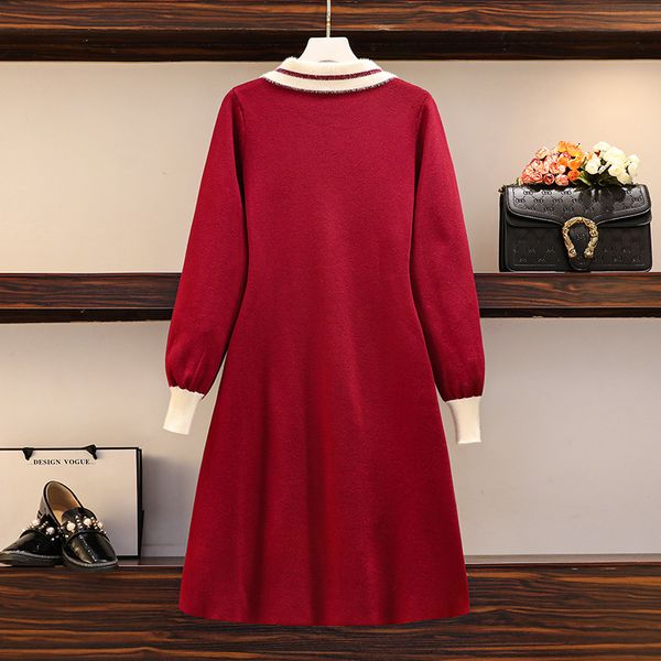 

women's knitted shirt dressed as party 2021 new winter long sleeve office lady turndown collar single-breasted a line black red dresses, White