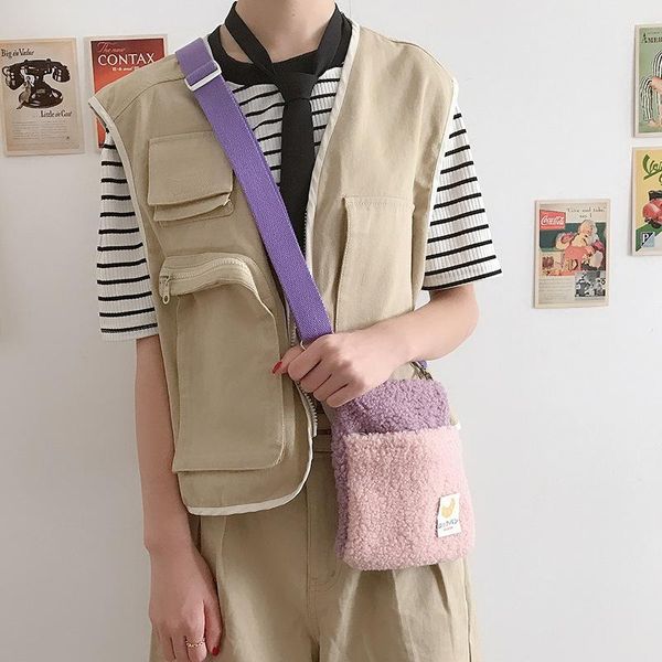 

women mini messenger bag cute plush phone bag zipper coin purse small crossbody bags candy color shoulder bags for girls