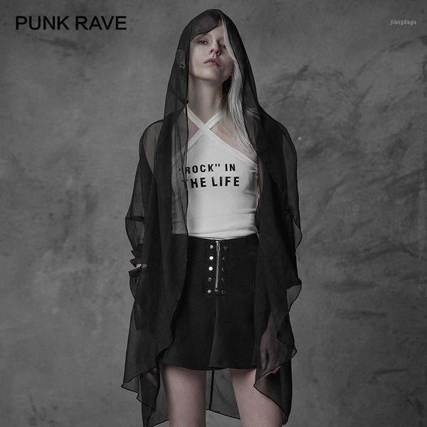 

gothic women's black transparent open long-sleeved hooded chiffon irregular coat with big wizard hat blouse blouses & shirts, White