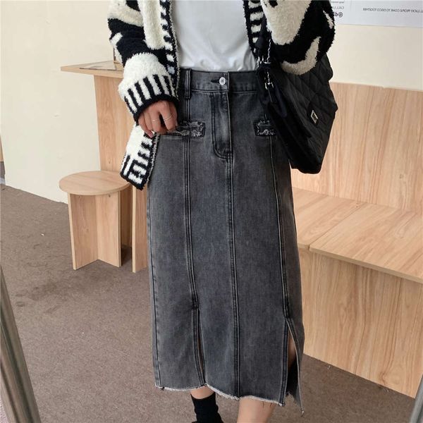 

hip hop new washed grey denim skirt in spring 2021 k, Blue