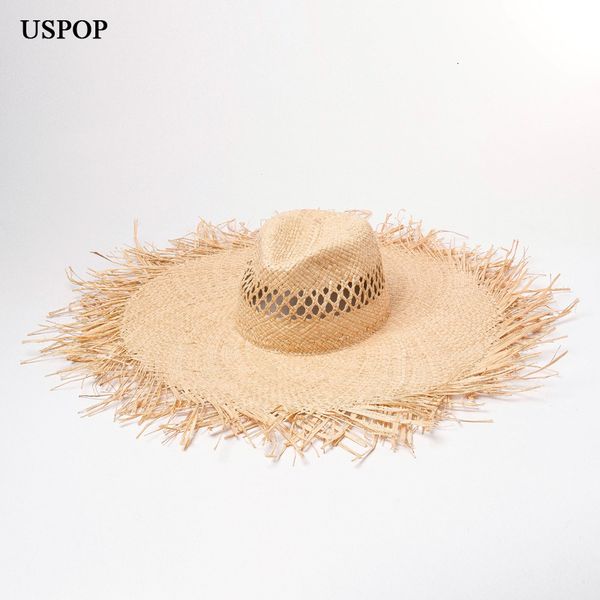 

2021 new summer raffia sun hats for women hand made hollow out straw wide brim rough edges beach hat casual shade 02fx, Blue;gray