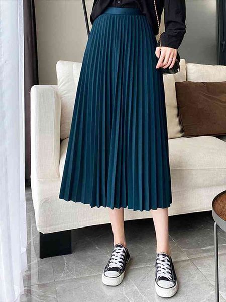 

elegant pleated long skirt for women autumn casual solid all-match a line high waist mid-length skirt female green, Black