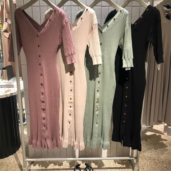 

japanese style elegant temperament dress women v-neck half sleeve slim fit knit dresses a-line soft chic button femme vestidos 210309, Black;gray