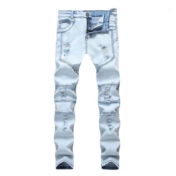 

european-style men jeans slim strip light blue fashionable trousers stretch pants small feet casual denim men's