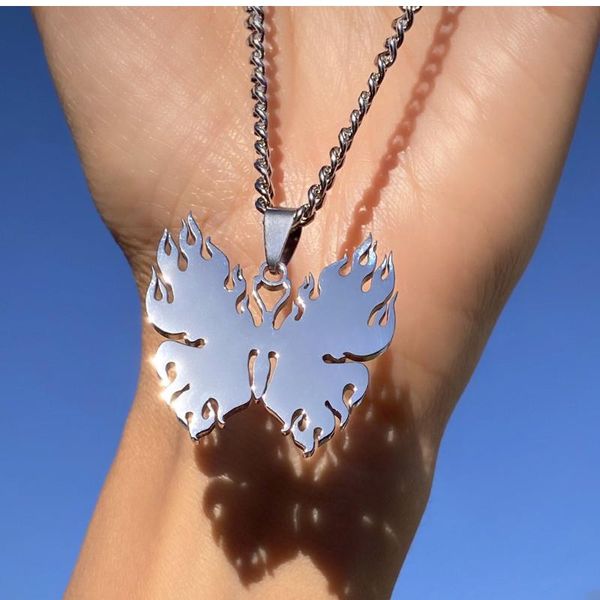 

pendant necklaces punk burning flame butterfly necklace for women metal charms vintage y2k jewelry aesthetics gifts 90s party, Silver