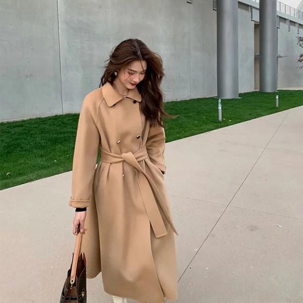 

women's wool & blends 2021 women winter mid-length elegant woolen coat female solid sashe double breasted outerwears office lady warm c, Black