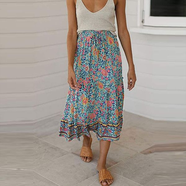 

bohemian summer print maxi casual womens skirts elastic waist drawstring bottoms patchwork skirt plus size 5xl, Black