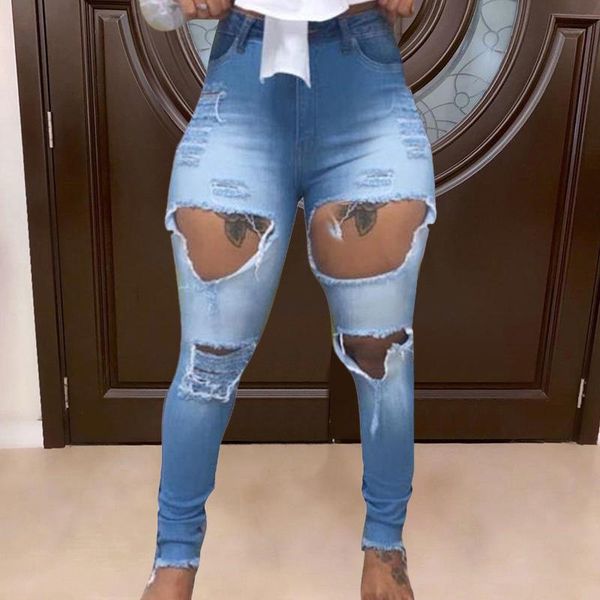 

women's jeans 2021 autumn women ripped hollow out pencil pants skinny jogger streetwear clothes for outfit, Blue