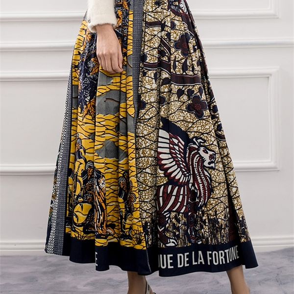 

vintage heavy craft print pleated swing skirt ladies spring fashion wild matching simulated silk lining two piece set 210309, Black