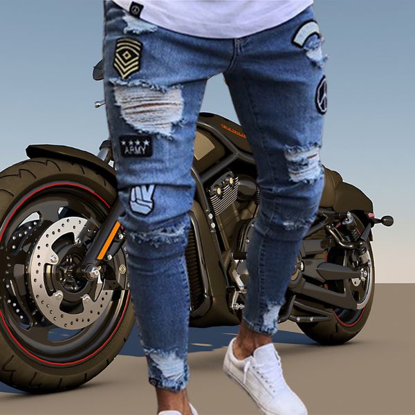

ripped ny locomotief borduurwerk bae jeans rights slender denim men broek, Blue