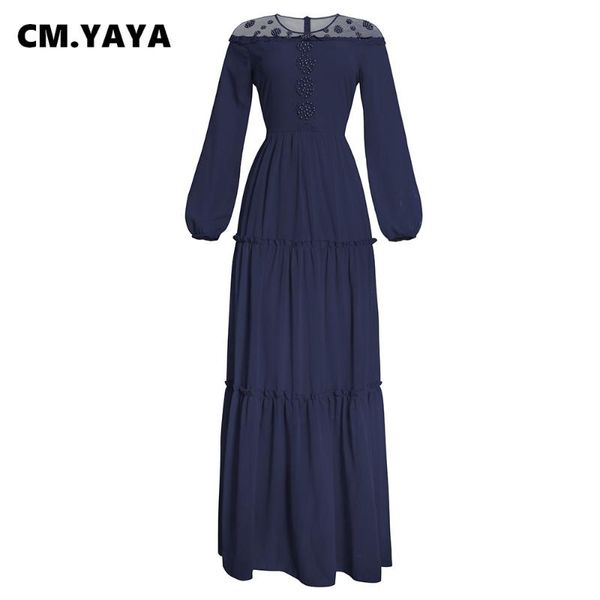 

plus size dresses cm.yaya women dress solid chiffon full sleeve o-neck back zip loose a-line maxi long vintage vestidos summer, Black