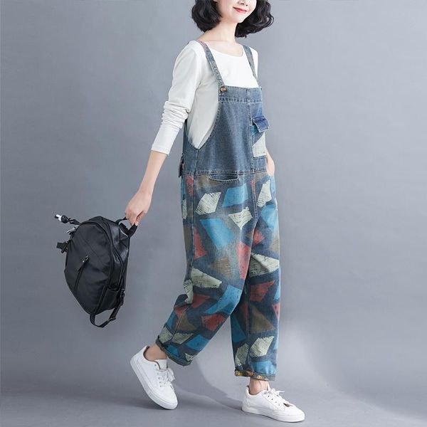 

women's jeans fairynatural korean spring autumn female denim print cotton overalls women retro loose wide leg pants casual pockets, Blue